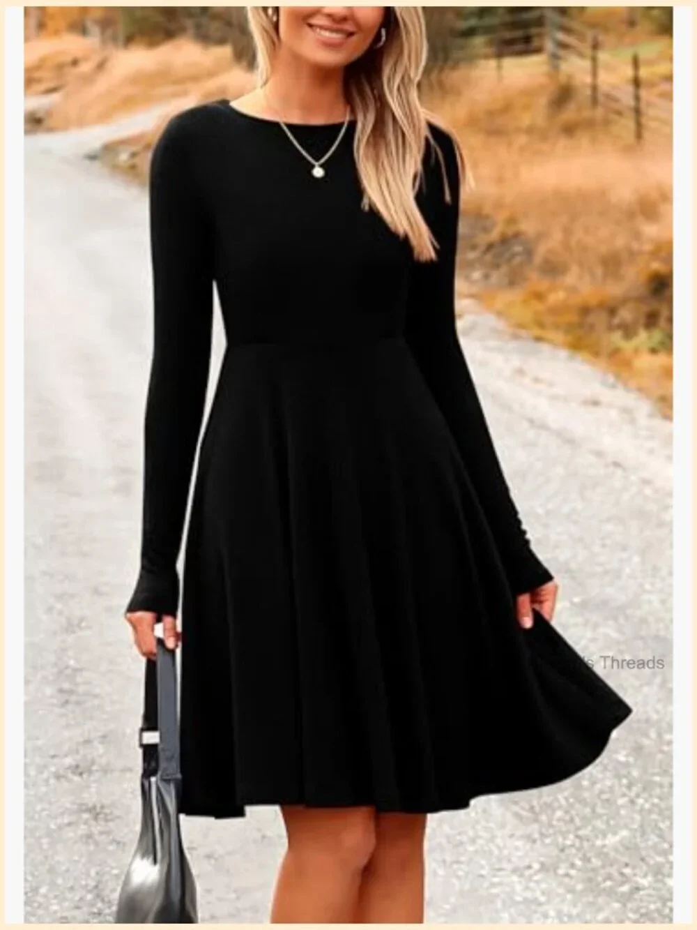 Ribbed Knit Crewneck Long Sleeve A-Line Mini Dress - Picture 3 of 7